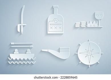 Set Smoking pipe, Treasure and riches, Boat with oars, Wind rose, Alcohol drink Rum bottle and Pirate sword icon. Vector