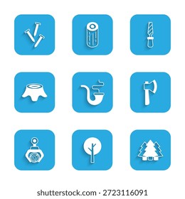 Set Tubo de fumar, árbol, árbol de Navidad, hacha de madera, grúa Grapple agarrado tronco, tocón, archivo de metal Rasp e icono de clavos metálicos. Vector
