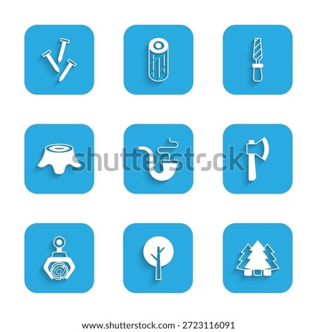 Set Smoking pipe, Tree, Christmas tree, Wooden axe, Grapple crane grabbed log, stump, Rasp metal file and Metallic nails icon. Vector