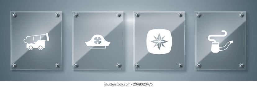 Set Smoking pipe, Wind rose, Pirate hat and Cannon. Square glass panels. Vector