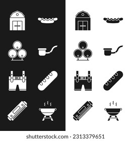 Set Smoking pipe, Wooden barrels, Farm House, Hotdog sandwich, Lederhosen, French baguette bread, Barbecue grill and Harmonica icon. Vector