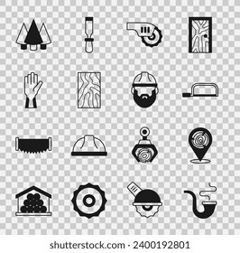 Set Smoking pipe, Wooden logs, Hacksaw, Electric circular, beam, Protective gloves, Christmas tree and Lumberjack icon. Vector