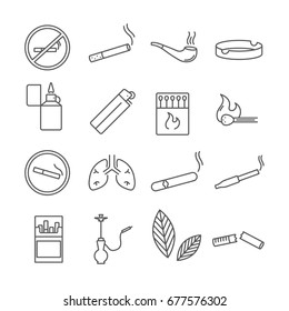 Set of smoking Related Vector Line Icons. Includes such icons as cigarette, cigar, lighter, smoke, matches, tobacco, hookah, ashtray