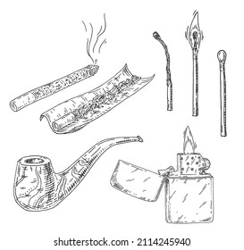 Set smoking tobacco elements. Lighter, pipe, handmade cigarettes with filter. Three types of matches - whole, burning, charred. Vector vintage engraved black illustration isolated on white background