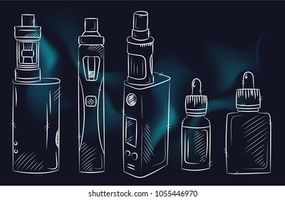 Set of smoking tobacco and vape elements and accessories. Hand drawn illustration. Isolated on realistic smoke background