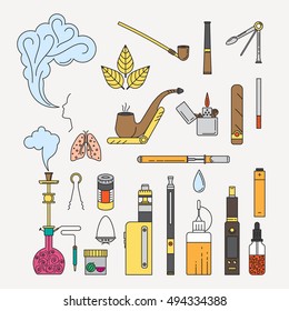 Set of  smoking tobacco and vape elements. Hookah, Smoking pipe and Vape accessories, smoke, tobacco, fruits, hookah, pipe charcoal. Smoke illustration.Isolated on white background.