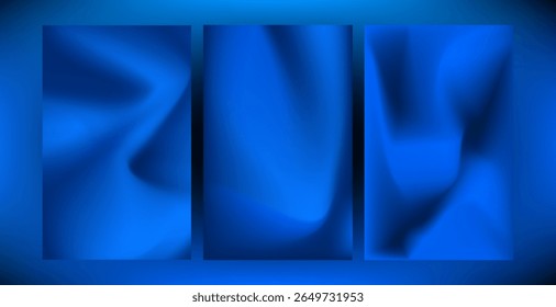 A set of smooth abstract blue gradient textures featuring fluid folds, flowing curves, and soft shadow transitions. These modern and elegant backgrounds evoke a sense of depth, motion.