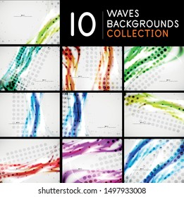 Set of smooth blue wave lines backgrounds with dotted texture, business or hi-tech templates. Vector design