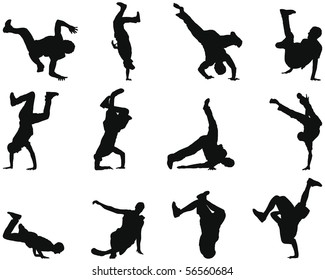 Set of Smooth Break-Dance People  Silhouettes in Different Poses. Up, Down, On a Floor, On a Head, Jump, Twist, Rotate. High Detail Vector Illustration. 