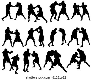 Set of Smooth Different Boxing Sport Pose Men People  Silhouettes. Attack, Defend, Jogging, Evasion, Dodge. High Detail Vector Illustration. 