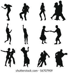 Set of Smooth Different Dancing  People  Silhouettes. Dance Alone and Couples in Different Poses. Rock, Pop, Disco, Classical.  High Detail Vector Illustration. 