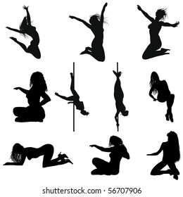 Set of Smooth Different Erotic Girls People  Silhouettes. Dance and Poses. Jumping, Sitting, Lying, On a Pole.  High Detail Vector Illustration. 