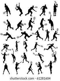 Set Of Smooth Different Tennis Pose Girls And Men People  Silhouettes. Serve, Accept, Beat, Forehand, Backhand, Both Hand, In Jump. High Detail Vector Illustration. 