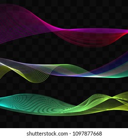 Set smooth flow lines isolated on black background. Abstract wave, soundwave, sound. Vector illustration	