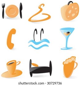 Set of smooth and glossy icons for hotel services. Vector illustration.