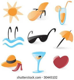 Set of smooth and glossy icons for vacations and resort. Vector illustration.