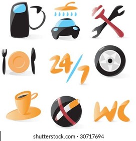 Set of smooth and glossy icons for vehicle service. Vector illustration. Figures and letters are not part of any existing font, all the characters were drawn by hand.