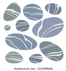 Set smooth gray stones. Sea pebbles icons. Color vector flat illustration for info graphic, poster, web. Isolated on white background.