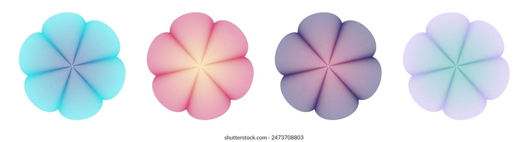 Set of smooth linear Flowers with gradient flowers. Wave. Design of abstract contour elements. Collection of symmetrical hexfoils. Daisy shape. Six-leaved leaves, petals. Isolated. Vector illustration