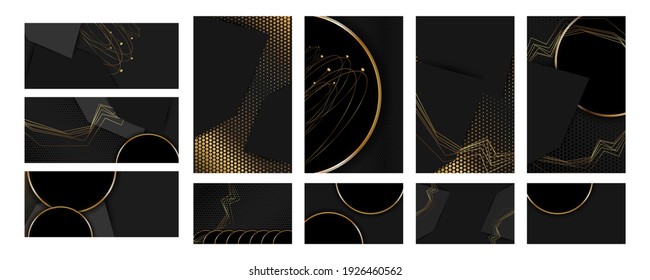 Set of smooth lines romantic gold wedding invitations on a dark background. Golden sale and arabesque pattern on dark banner trend gradient