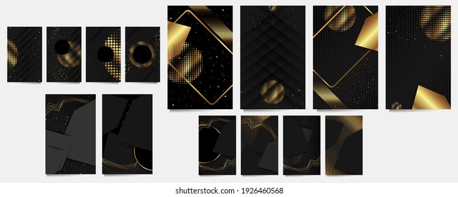 Set von glatten Linien romantische goldene Hochzeitseinladungen auf dunklem Hintergrund. Goldener Verkauf und arabeske Muster auf dunklem Bannertrend
