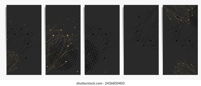 Set of smooth lines romantic gold wedding invitations on a dark background. Golden sale and arabesque pattern on dark banner trend gradient