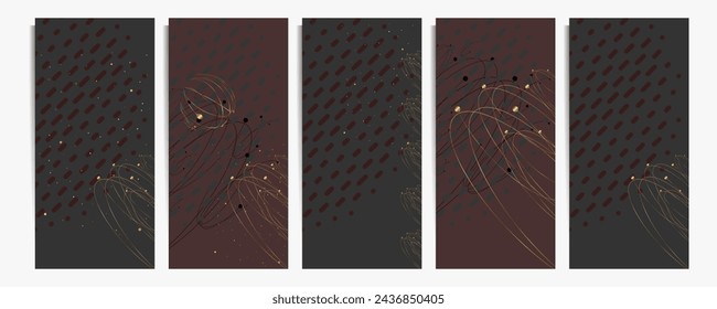 Set of smooth lines romantic gold wedding invitations on a dark background. Golden sale and arabesque pattern on dark banner trend gradient