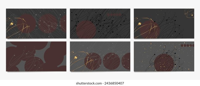 Set of smooth lines romantic gold wedding invitations on a dark background. Golden sale and arabesque pattern on dark banner trend gradient