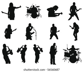 Set of Smooth Rock and Jazz People  Silhouettes in Different Poses. Singing, With Guitar, On a Drums, With Saxophone, With Microphone. High Detail Vector Illustration. 