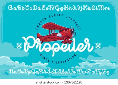 Set of smooth script font named "Propeller" with red vector airplane illustration and blue clouds background