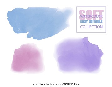 Set of smooth watercolor spots in soft pastel colors - blue, pink, violet. 