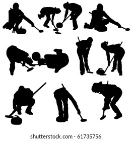 Set of Smooth Winter Sport  Curling People  Silhouettes in Different Poses. Attacking, Throwing, Wiping, Sitting. High Detail Vector Illustration. 