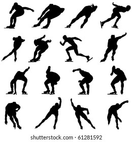 Set of Smooth Winter Sport  Ice Skating People  Silhouettes in Different Poses. Attacking, Running, Starting, Gliding. High Detail Vector Illustration. 