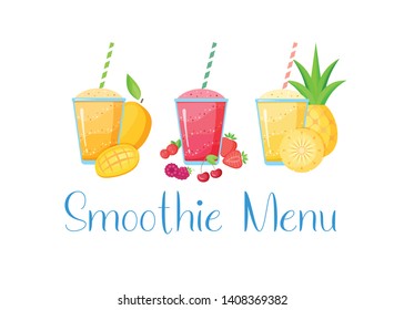 Set of smoothie banner vitamin drink vector illustration. Tasty natural fruit, glass with colorful layers of smoothies cocktail isolated on white background, Smoothie Menu sign for detox web banner