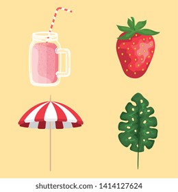 set of smoothie bbeverage with strawberry fruit and umbrella with leaf
