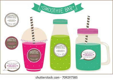 set of smoothie in bottles, mason jar, plastic cup.  with logo and label smoothie organic bar