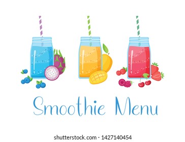 Set of smoothie fruit cocktail flat vector illustration. Tasty natural fruit, jar with colorful layers of smoothies cocktail isolated on white background and Smoothie Menu sign for summer bar design