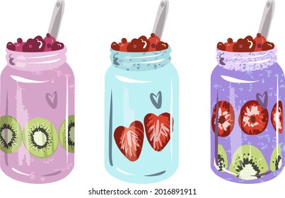 Set smoothie from fruits, herb, berry and fruits. Collection of illustrations of drinks for a healthy diet. Organic, detox juice for vegetarians. Vector.