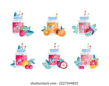 Set of smoothie in glass jars with straws. Healthy superfood with kiwi, strawberry, apricot, fig fruit, cherry fruit and berries flat vector illustration