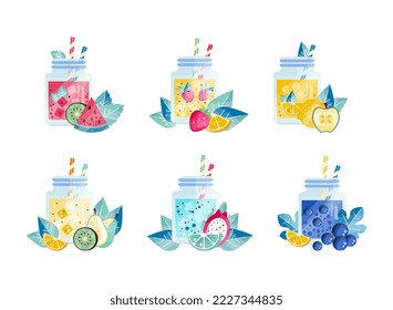 Set of smoothie in glass jars with straws. Healthy superfood with watermelon, kiwi, pear, strawberry, blueberry fruit and berries flat vector illustration