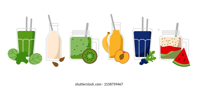 set of smoothie glass nutrition healthy spinach kiwi almond milk watermelon blueberry banana peach