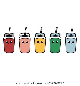 a set of smoothie jars vector illustration, cute face, cup, drink, funny, icon set, group