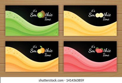 Set of smoothie logo fruit cocktail flat vector illustration. Smoothie logo on black background, wavy splash colorful smoothies cocktail or ice cream portion for fitness landing page concept.