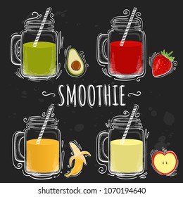 Set Smoothie or milkshake in jars with avocado, strawberry, banana, apple ingredient on black chalk board background. Can use for cocktail menu bar. Vector illustration EPS 10