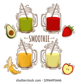 Set Smoothie or milkshake in jars with avocado, strawberry, banana, apple ingredient on black chalk board background. Can use for cocktail menu bar. Vector illustration EPS 10