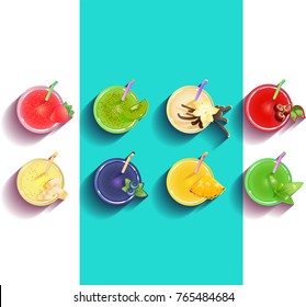 A set of smoothies. Bright fruit background. Isolated images of smoothies. Vector illustration