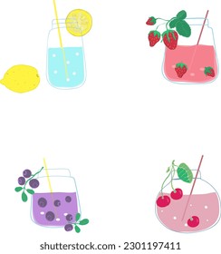 Set of smoothies in different bottles Cold refreshment summer drink with lemon, strawberry, blueberry, cherry