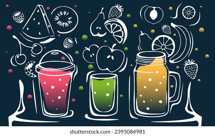 Conjunto de suavidades en diferentes tazas. Afiche colorido con naranja, plátano y zumo de manzana en tazas. Alimentos para una dieta saludable y desintoxicación. Diseñar para el menú. Ilustración del vector del doodle dibujado a mano