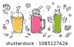 Set of smoothies in different cups. Superfoods and health or detox diet food concept in sketch style.