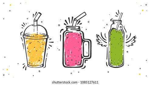 Set of smoothies in different cups. Superfoods and health or detox diet food concept in sketch style.